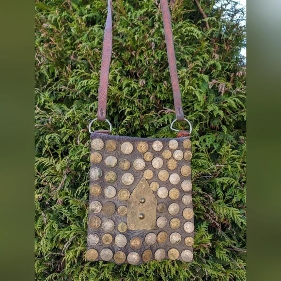 Vintage Collectible 1800s Moroccan Berber Leather Water Seller Bag Purse W Coins - Picture 3 of 13